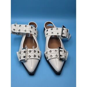 Forever Link Rivets White Patent Leather Slip On Buckle Flat Loafer Shoe Sz 7